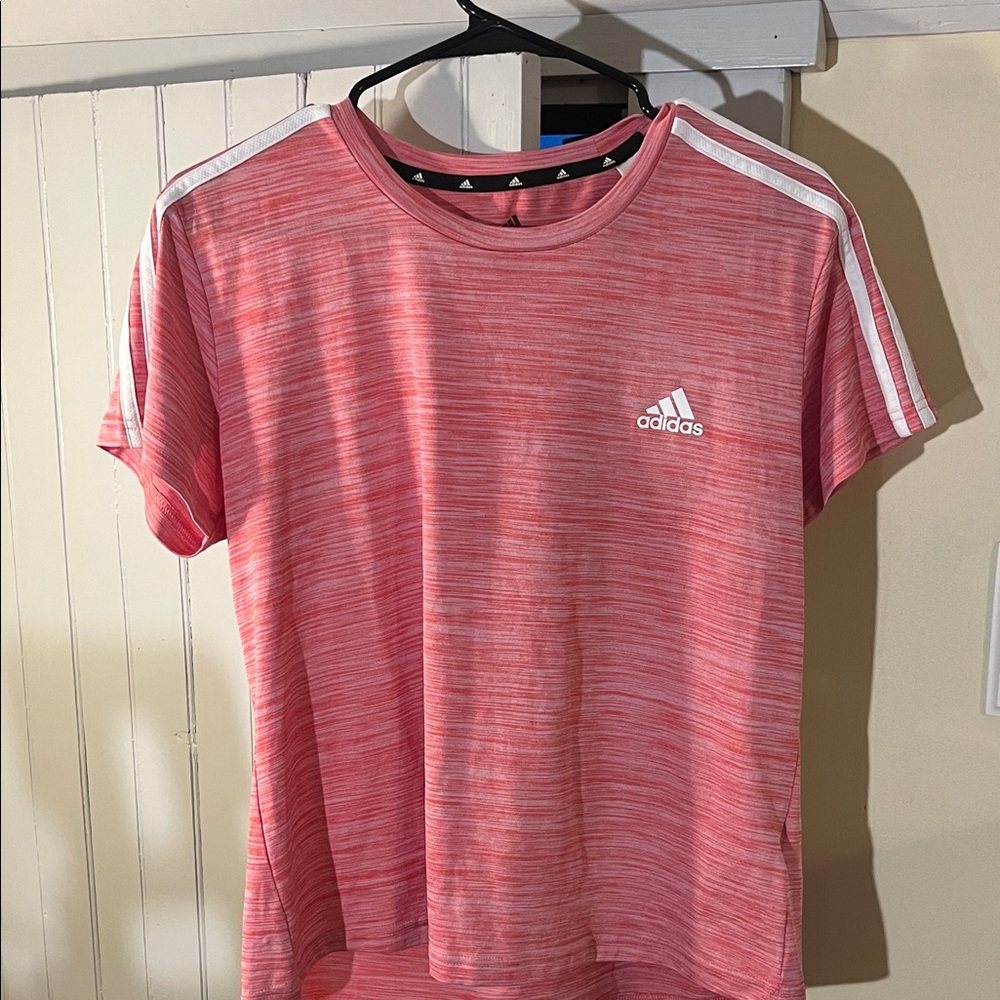 Adidas women’s pink with White Accents polyester work out shirt NS size large